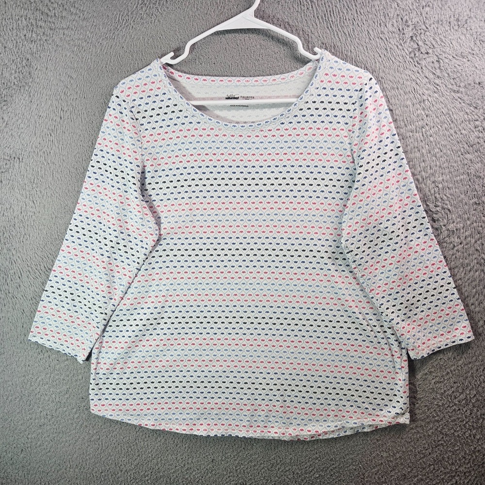 Talbots Hello Saturday Tee Top Women X Stretch Floral Print 3/4 Sleeve White
